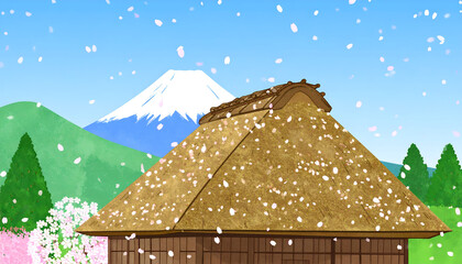 Serene Mountain Hut Under Falling Blossom Petals in Tranquil Landscape