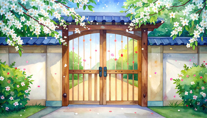 Serene Wooden Gate Surrounded by Blossoming Flowers and Greenery
