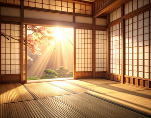 Serene Japanese Room with Morning Light and Delicate Cherry Blossoms