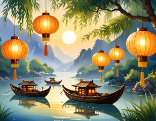 Tranquil Dawn Scene with Lanterns and Boats on Calm Water