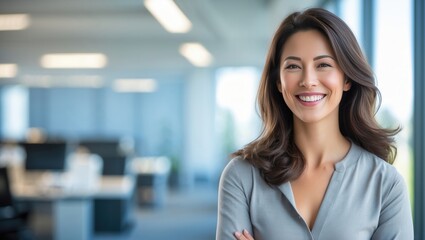 Confident young woman smiling in a modern office environment, showcasing professionalism and approachability