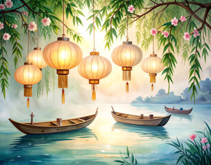 Tranquil Dawn Scene with Lanterns and Boats on Serene Water