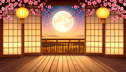 Serene Moonlit Balcony View with Cherry Blossoms and Lanterns