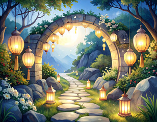 Serene Paper Lanterns Under Archway in Gentle Breeze at Dawn