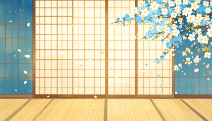 Serene Opal Breeze Through Paper Screens with Petals Floating Down