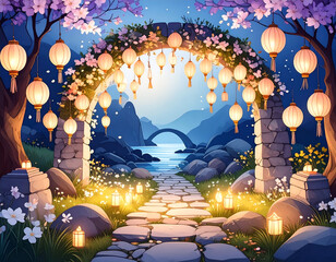 Serene Lantern Arch Framed by Blossoms in Peaceful Night Scene