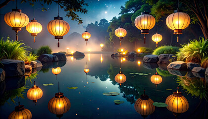 Serene Obsidian Pool Reflecting Lanterns Under Starry Sky