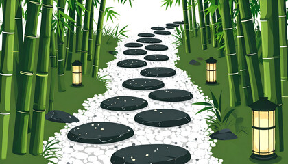 Obsidian Footpath Weaving Through Bamboo Shadows in Tranquil Garden