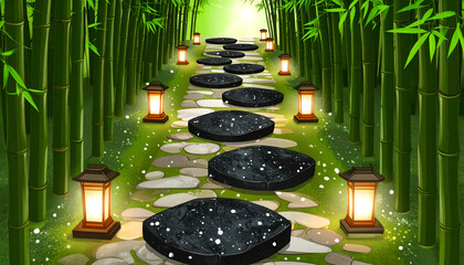 Obsidian Footpath Weaving Through Bamboo Shadows with Lanterns