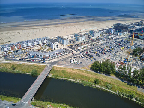 Aerial view of the Malo-les-Bains beach and its modern architecture, where the contrast between the urban landscape and the vast sea creates a captivating coastal scene, Dunkirk, France.