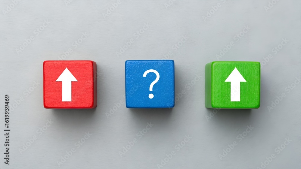 Poster decision path – growth vs uncertainty, data strategy, abstract analytics, arrows, conceptual blocks,