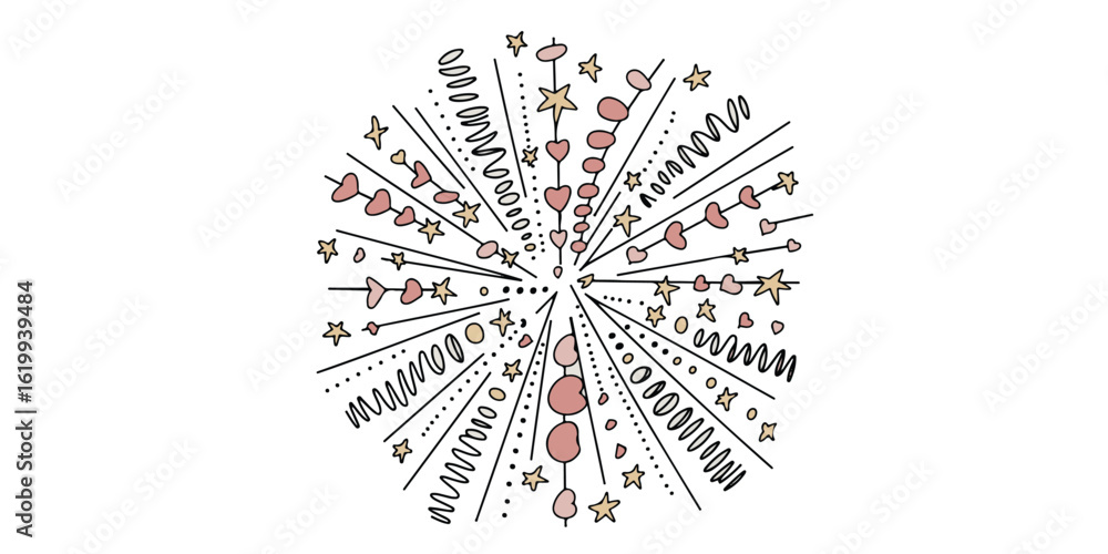 Poster a radial design with hearts stars lines and dots emanating from a central point on white background