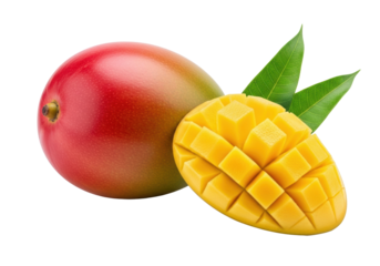 Plump whole and half mango with glistening cubed segments, vibrant green leaves on transparent studio background with copy space, ultra realistic UHD, no shadows, macro detail, high contrast,