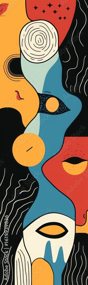 Poster bold abstract faces interconnected with fluid shapes and contrasting earthy color blocks