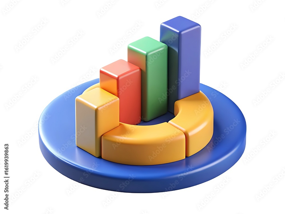 Poster colorful 3d bar chart and pie chart combination representing growth and data analysis