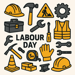Labour Day icon set featuring work tools and industry symbols for celebration posters and awareness designs.