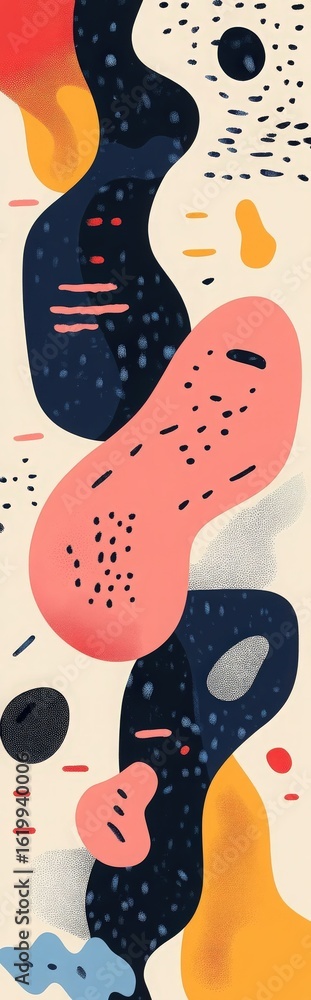 Poster whimsical abstract art with flowing shapes and textures, creating a dynamic visual narrative