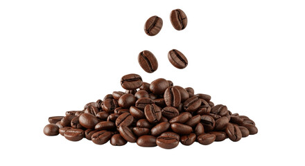 Obraz premium Ultra realistic UHD close-up of vibrant dark brown roasted coffee beans, a prominent pile with individual beans falling dynamically, on a transparent background with soft shadows, 16:9 copy space,