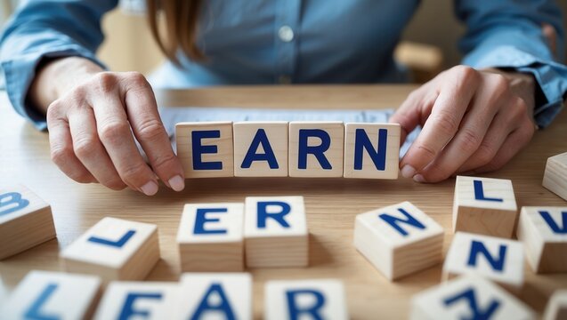 A person holding blocks spelling the word 'EARN' on a wooden table surrounded by scattered letter blocks