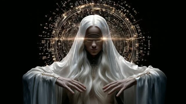 Blind oracle in white robe surrounded by floating symbols mystic vision, divine prophecy, ancient magic, celestial glow, spiritual