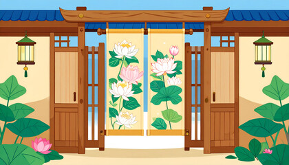 Lotus Themed Scrolls Hanging on Wooden Gate with Beautiful Design