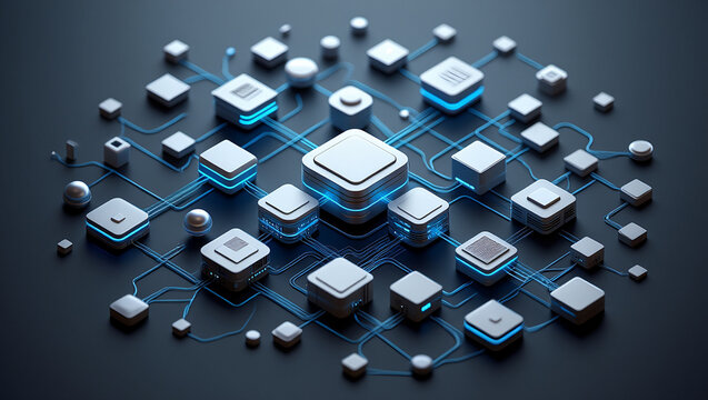 Abstract digital network of glowing blue nodes and connections on a dark background