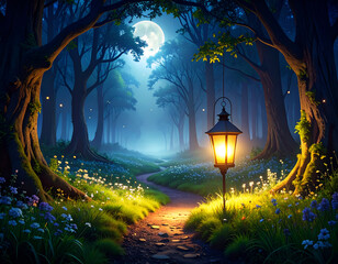 Lantern Glowing in Enchanted Moonlit Glade Surrounded by Mist