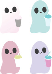 Fototapeta premium Adorable Pastel Ghosts Enjoying Refreshing Drinks Cute Halloween Illustration