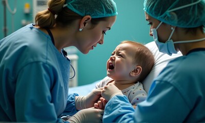 A crying infant is comforted by two compassionate nurses in a hospital room. The nurses show gentleness and care as they attend to the baby's needs in a sterile medical setting.