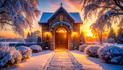Frosted Gatehouse Glints in Dawn's Chill with Icy Panels Aglow