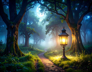 Lantern Gleams in Moonlit Glade with Flickering Flare Guiding Mist