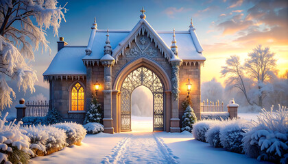 Frosted Gatehouse Glinting in Dawn's Chill with Icy Panels