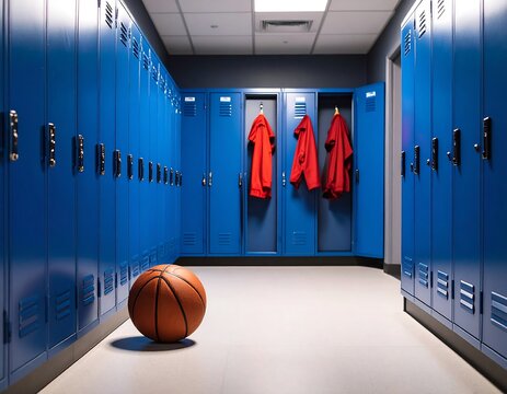 Locker room with basketball and coats