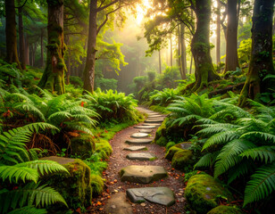 Serene Path Through Lush Forest Leading to Hidden Haven of Ferns