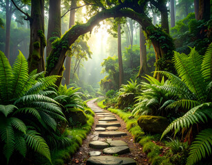 Mystical Path through Ferns Leading to a Hidden Forest Haven
