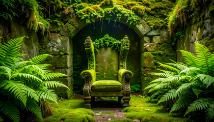 Throne Surrounded by Lush Ferns in a Serene Stone Hollow