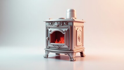 Ornate, decorative, small stove with a burning fire.