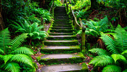 Lush Green Ferns Surrounding Mossy Stone Steps in Tranquil Forest