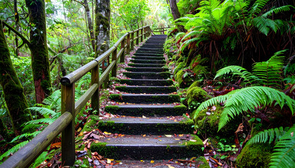 Serene Stone Steps Surrounded by Lush Ferns and Mossy Greenery