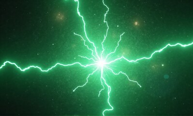 A vibrant green energy burst illuminates a dark, starry cosmic background, radiating powerful light and electrical streams.