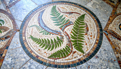 Intricate Fern Mosaic Design in Elegant Circular Pattern on Floor