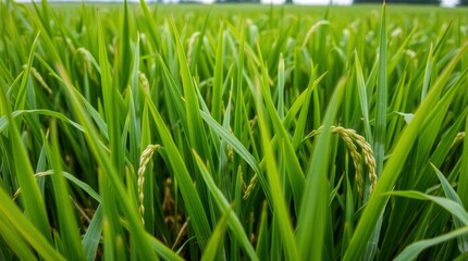 Obraz premium A closeup shot of a rice field full of tall green rice plants with developing rice heads visible