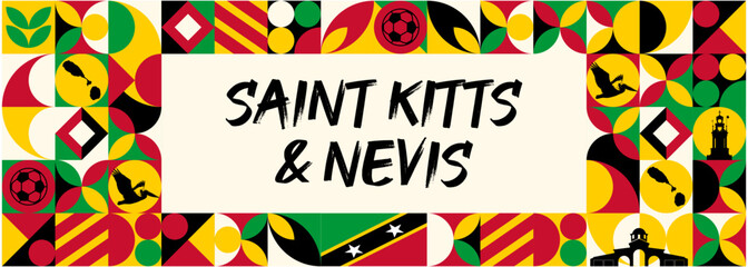 Colorful Geometric Saint Kitts & Nevis Banner with Cultural Symbols and Flag Elements