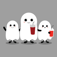 Cute Cartoon Ghost Family Enjoying Refreshing Drinks Together