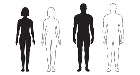 human body man and woman silhouette, male and female figure. vector monochrome isolated person outline standing full height. Outline and black people anatomy representation © Yanka