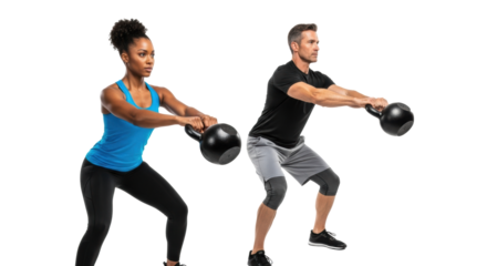 Young african american woman in blue tank top, black leggings, ponytail, and caucasian man in black t-shirt, grey shorts, perform powerful kettlebell swings on transparent studio background, focused,