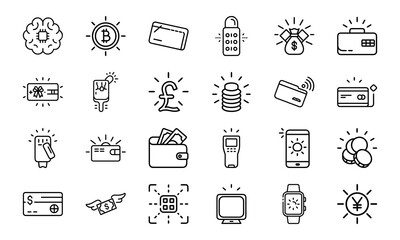 A Comprehensive Set of 24 Finance and Technology Line Icons Featuring Cryptocurrency, Banking, Security, Mobile Payments, and Digital Wallets