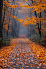 Path through forest with yellow leaves.
