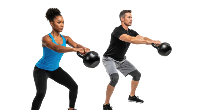 Young african american woman in blue tank top, black leggings, ponytail, and caucasian man in black t-shirt, grey shorts, perform powerful kettlebell swings on transparent studio background, focused,