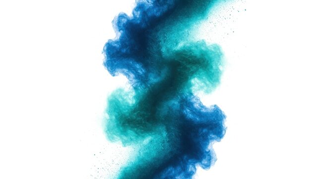 Vibrant Blue and Teal Powder Cloud Swirling Vertically, Creating Dynamic Abstract Art on Pure White